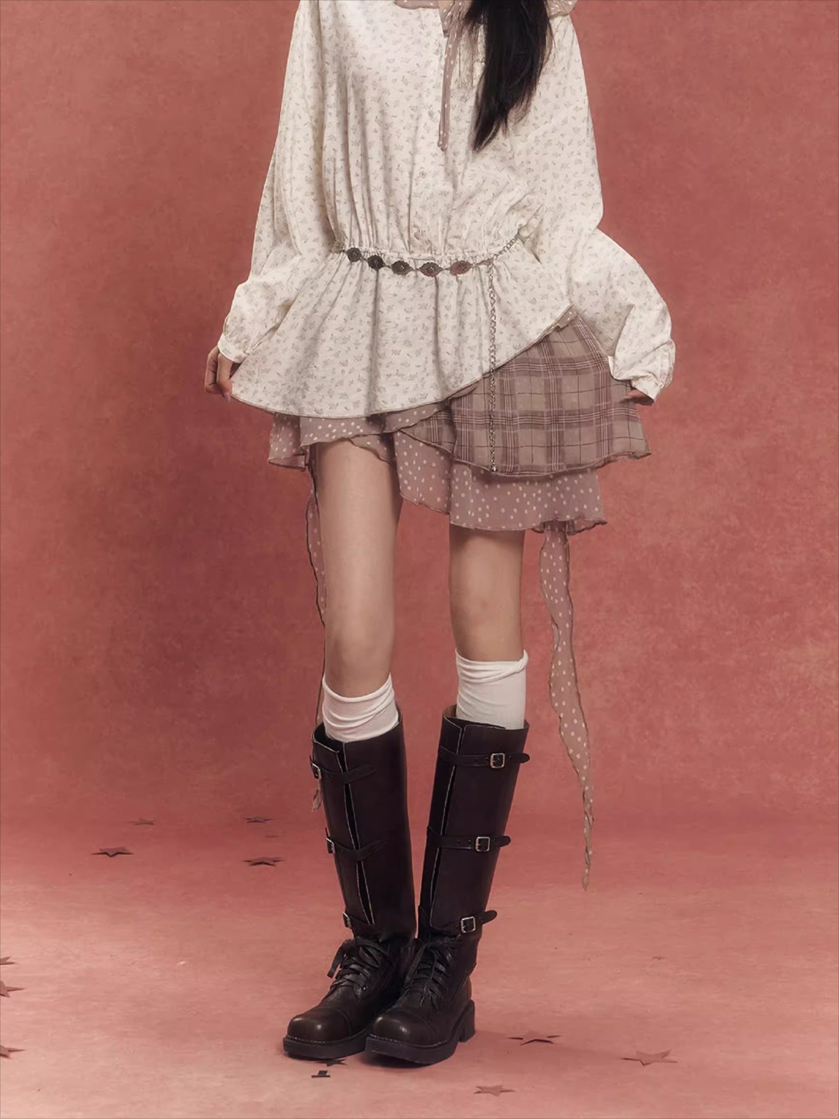 Deconstructed Patchwork Waist-Cinched Shirt Dress