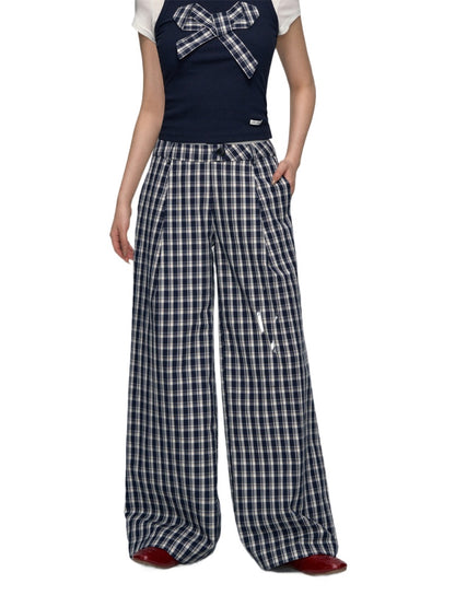 White Waistband Spliced Plaid Trousers