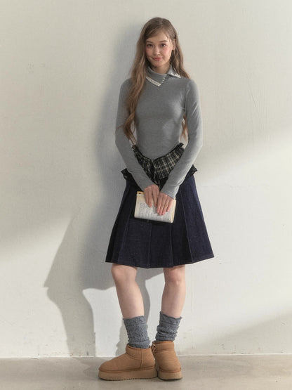 Layered Pleated Mock-Neck Knit T-Shirt