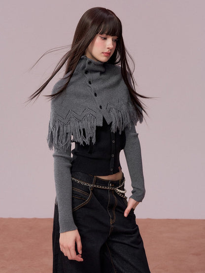 High-Neck Knit Top Fringe Cape Set