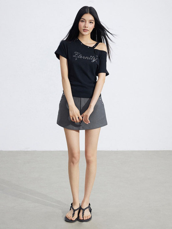 Rhinestone Off-Shoulder Slim-Fit T-Shirt