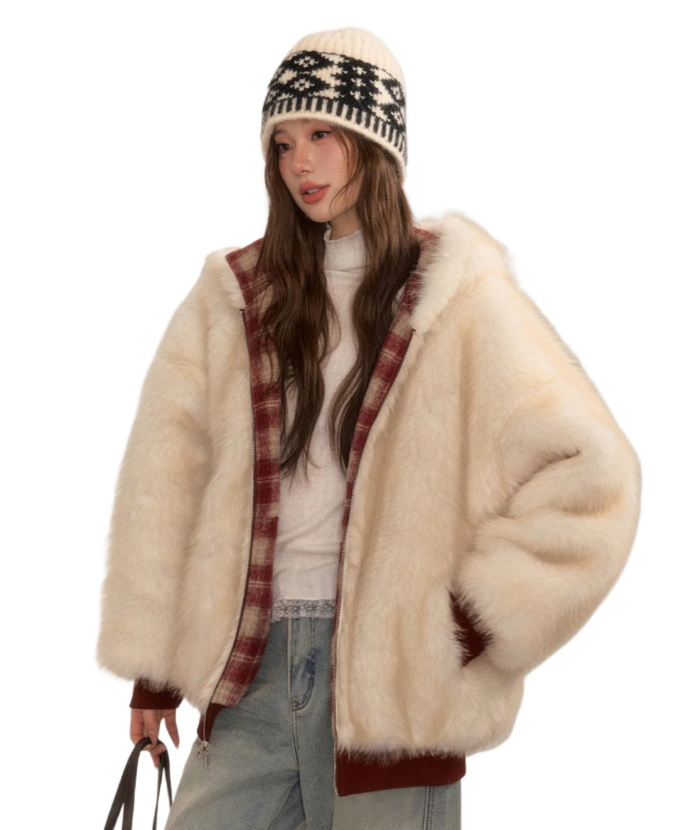 Reversible Plaid Faux Fur Coat - CHINASQUAD