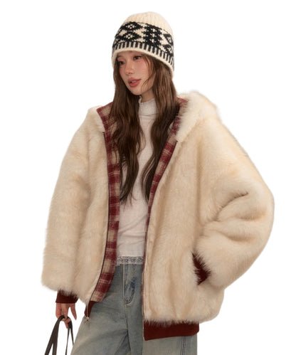 Reversible Plaid Faux Fur Coat - CHINASQUAD