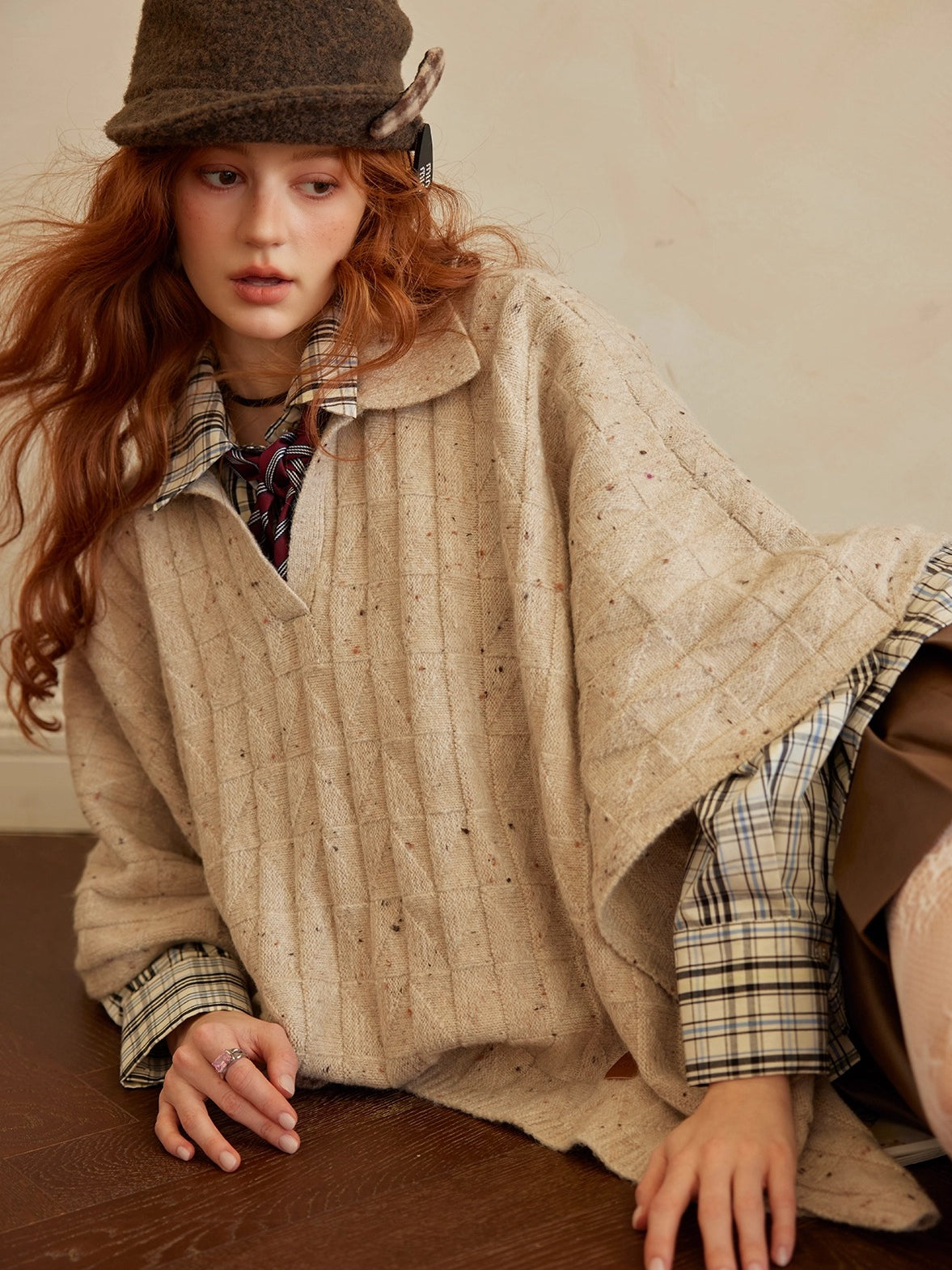 Oatmeal Wool Jacquard Cape Sweater