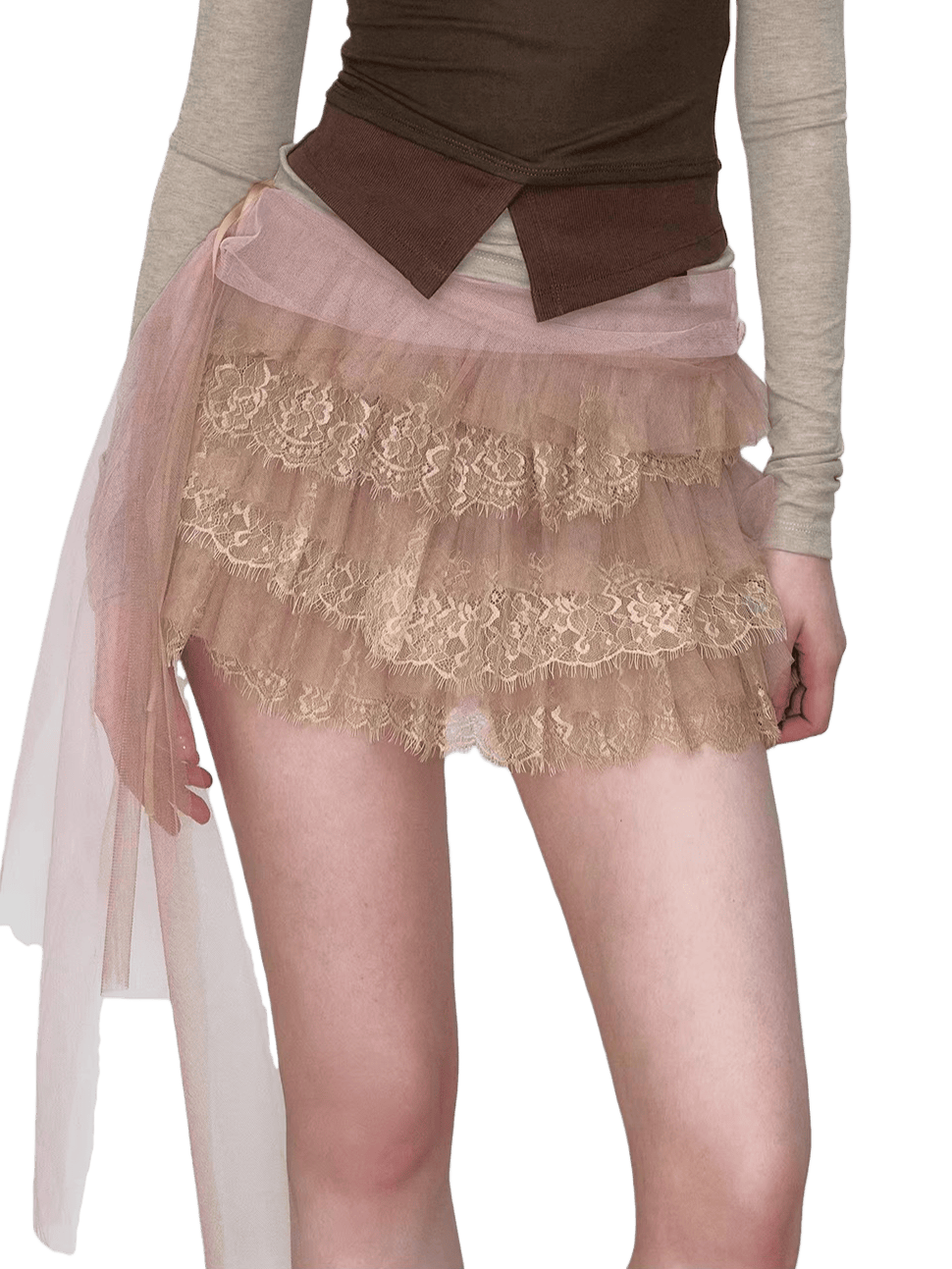 Lace-Panel Ribbon-Detail Tiered Midi Skirt