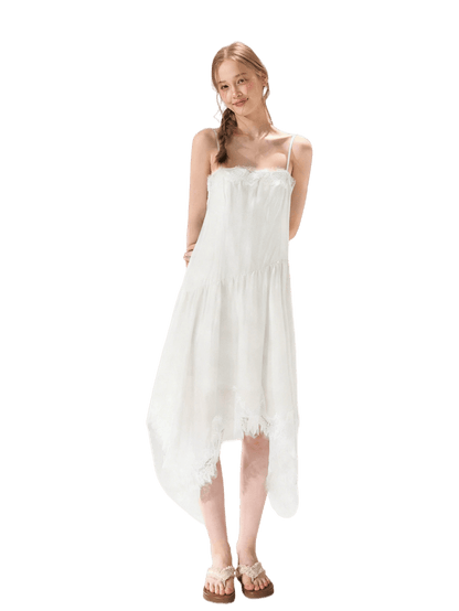 Asymmetric Lace-Trim Slip Midi Dress