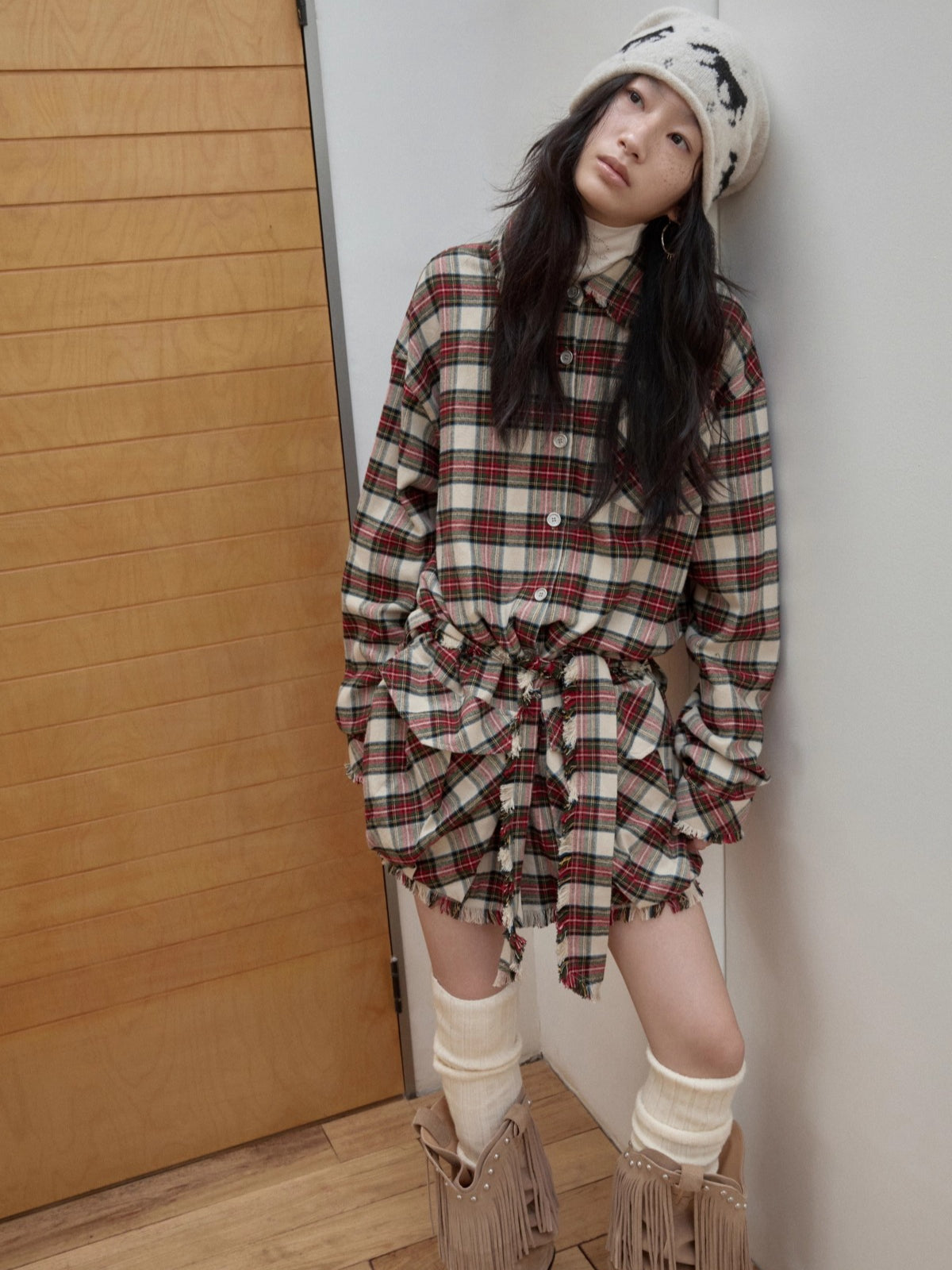 Vintage Red Plaid Frayed-Edge Utility Shirt Dress