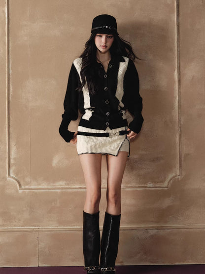 Tweed Knit Sweater &amp; Belted Mini Skirt Set