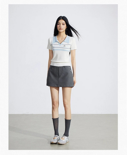 Striped Contrast Collar Ice Silk Polo Top