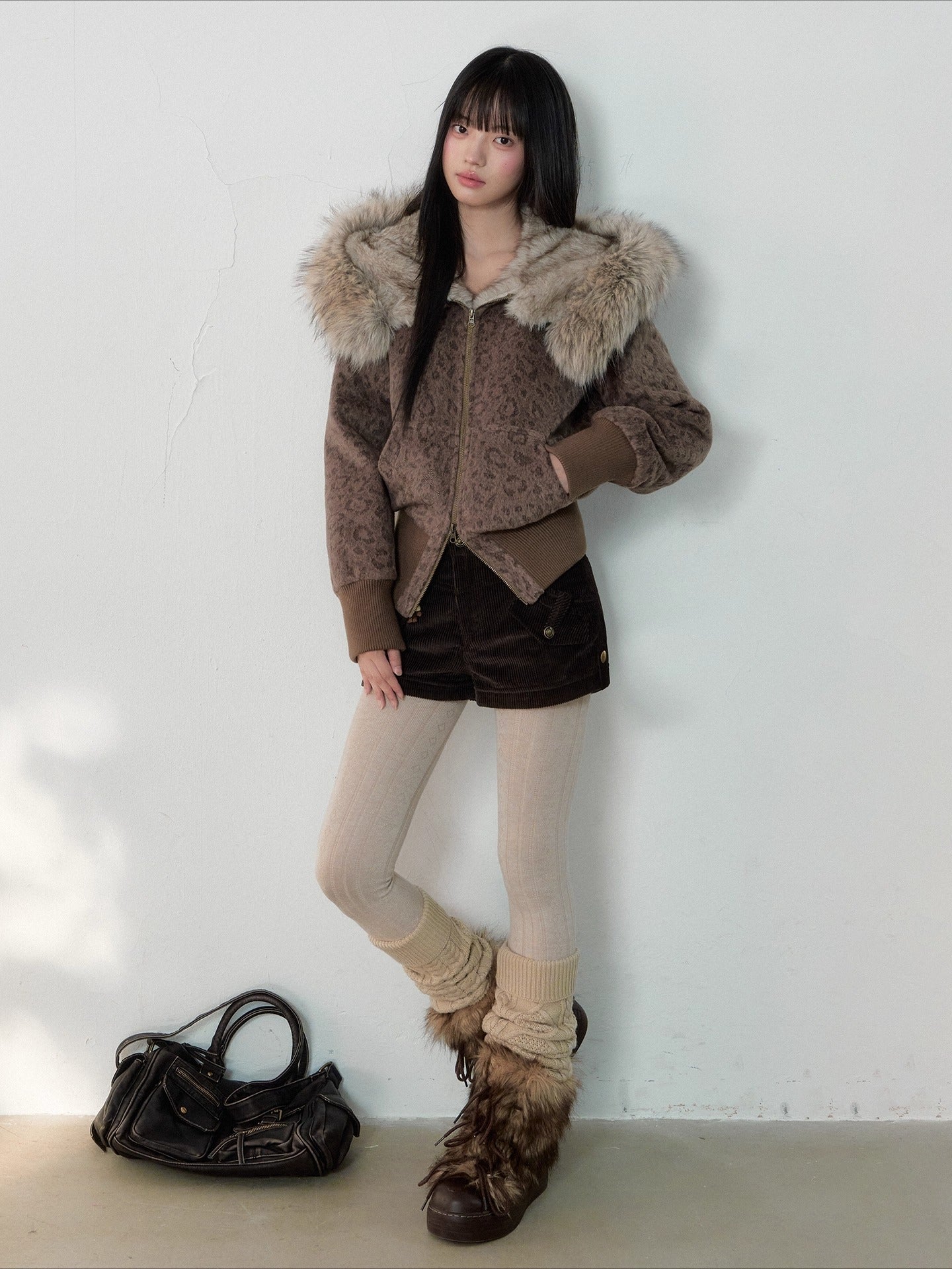 Vintage Leopard Print Faux Fur Hooded Jacket