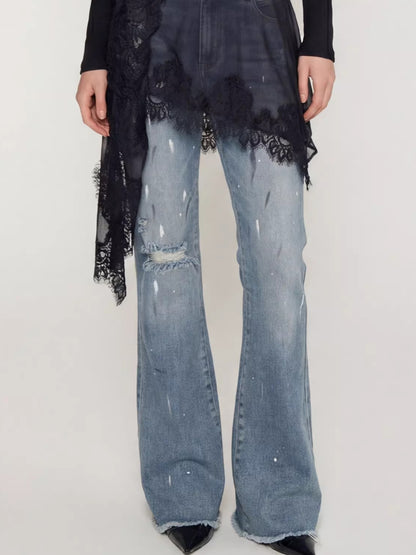 Paint-Splatter Flared Denim Pants