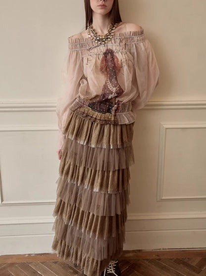 French Lace Layered Tulle Midi Skirt