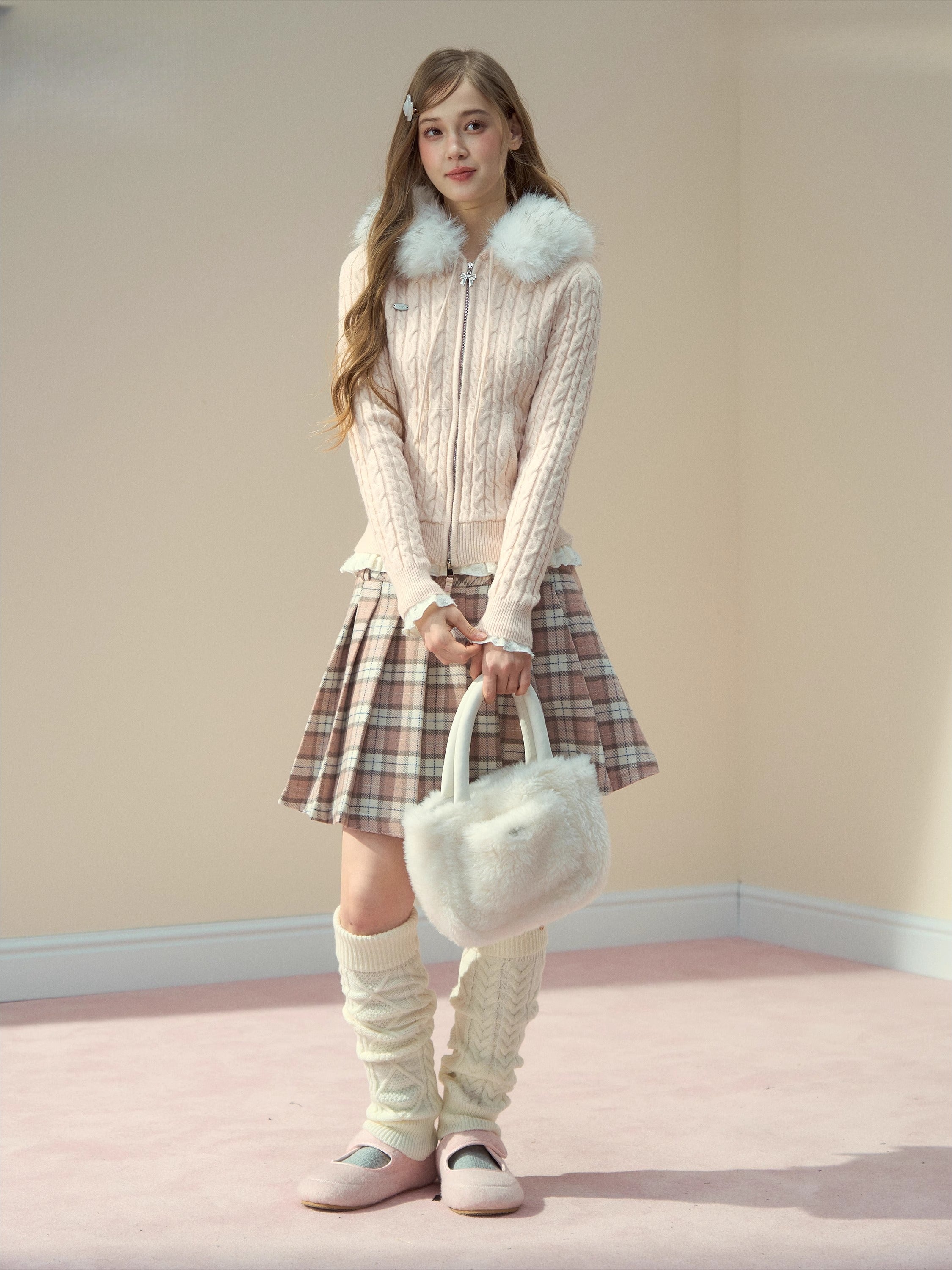 Detachable Fur Collar Blush Zip-up Knit Cardigan