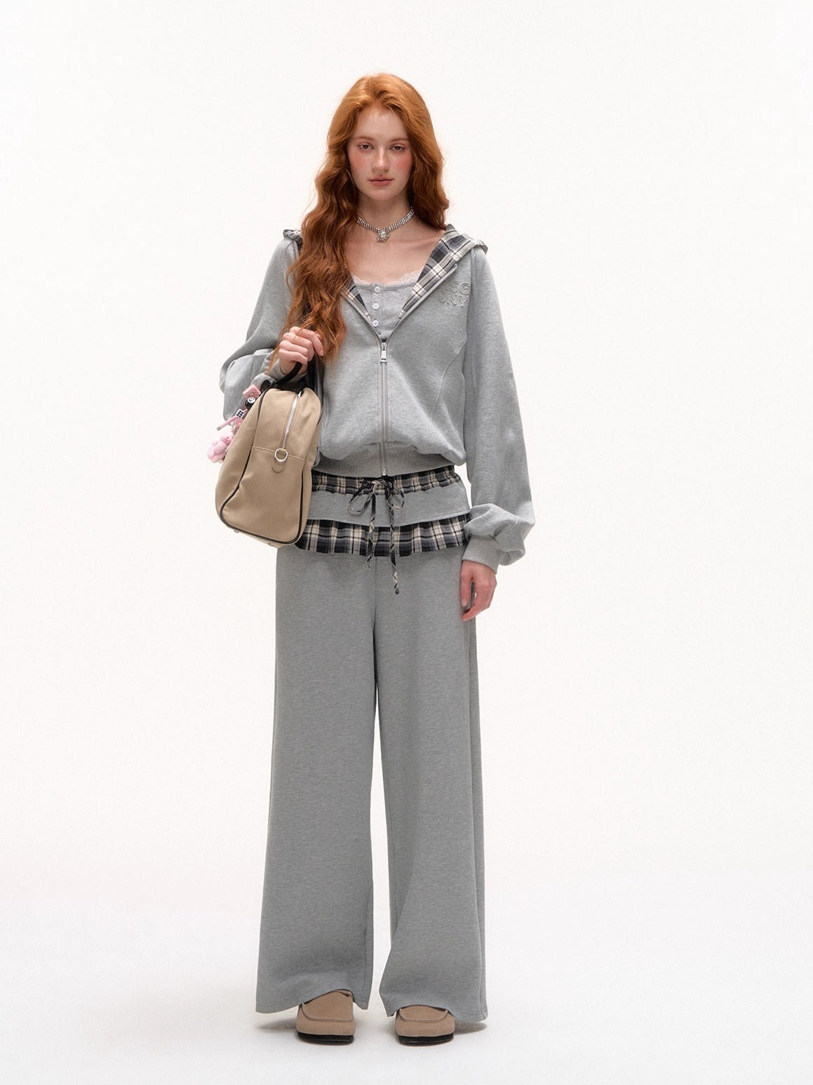 Plaid Patch Embroidered Sweatshirt &amp; Ruffled Waist Pants Set