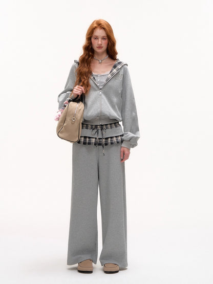 Plaid Patch Embroidered Sweatshirt &amp; Ruffled Waist Pants Set