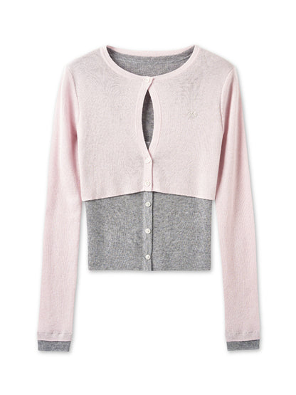 Fake Two-piece Layered Contrast-color Cardigan - CHINASQUAD