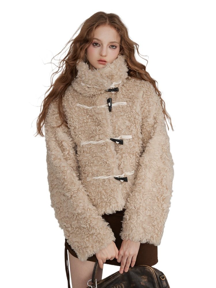 Horn Button Curly Fur Thick Short Jacket