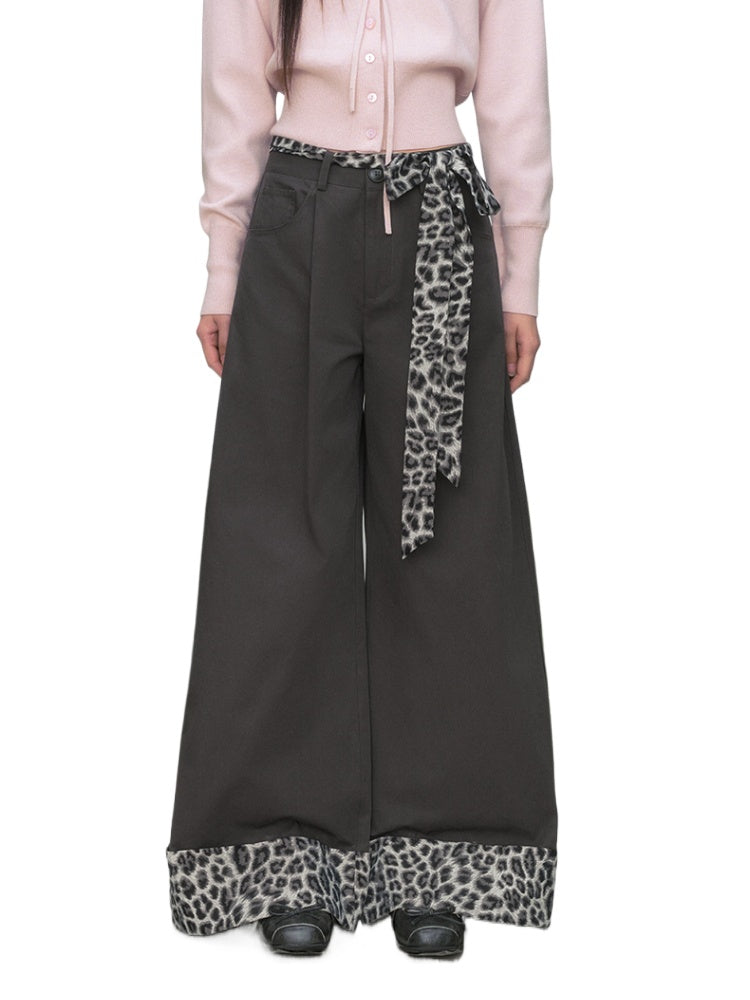 Leopard Print Cuff Casual Wide-Leg Pants