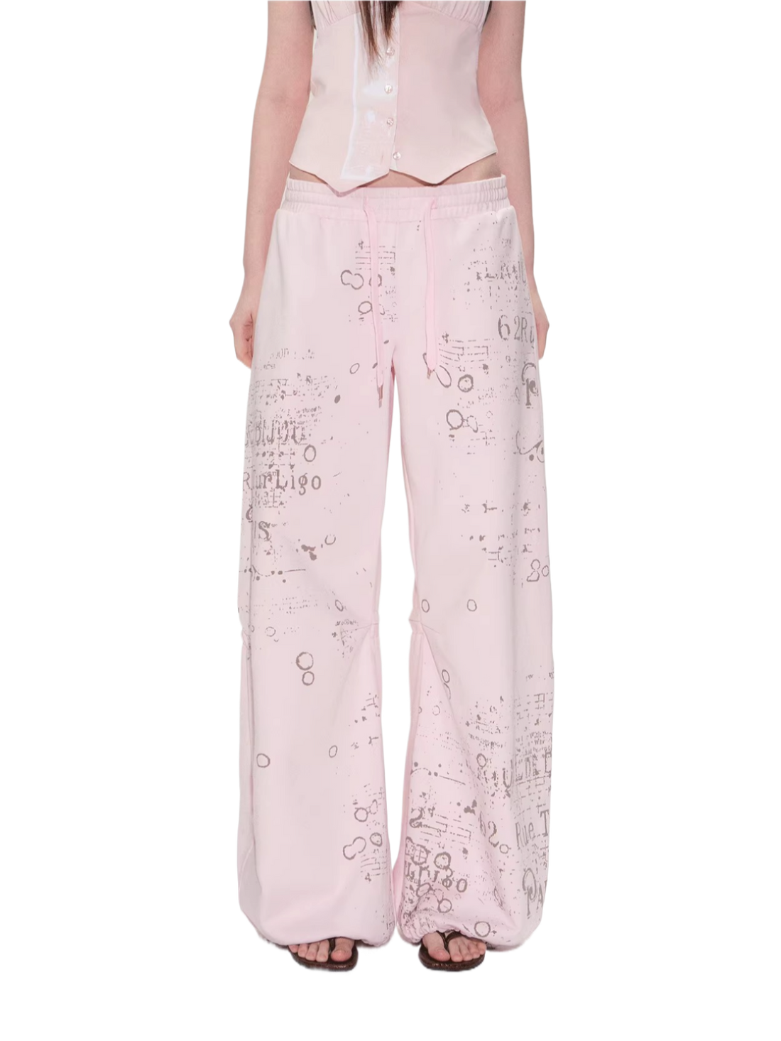 Vintage Graphic Drawstring Wide-Leg Pants