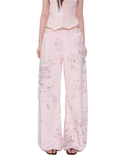 Vintage Graphic Drawstring Wide-Leg Pants