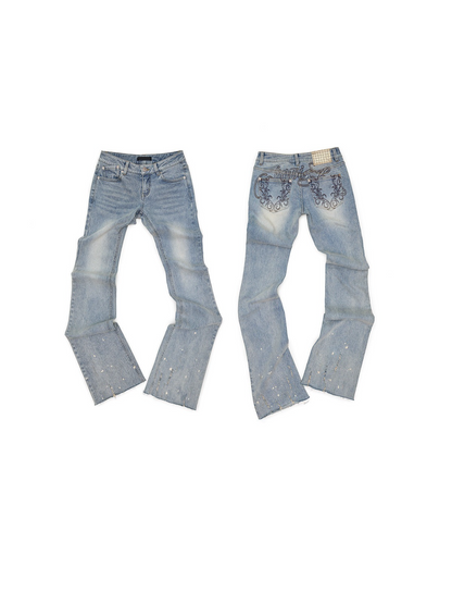 Vintage Ink-Splatter Embroidered Low-Rise Flared Jeans 1Jinn Studio
