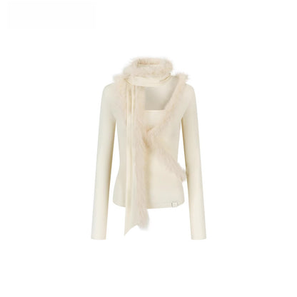 Fox Fur Scarf Trim Two-Piece Knitwear