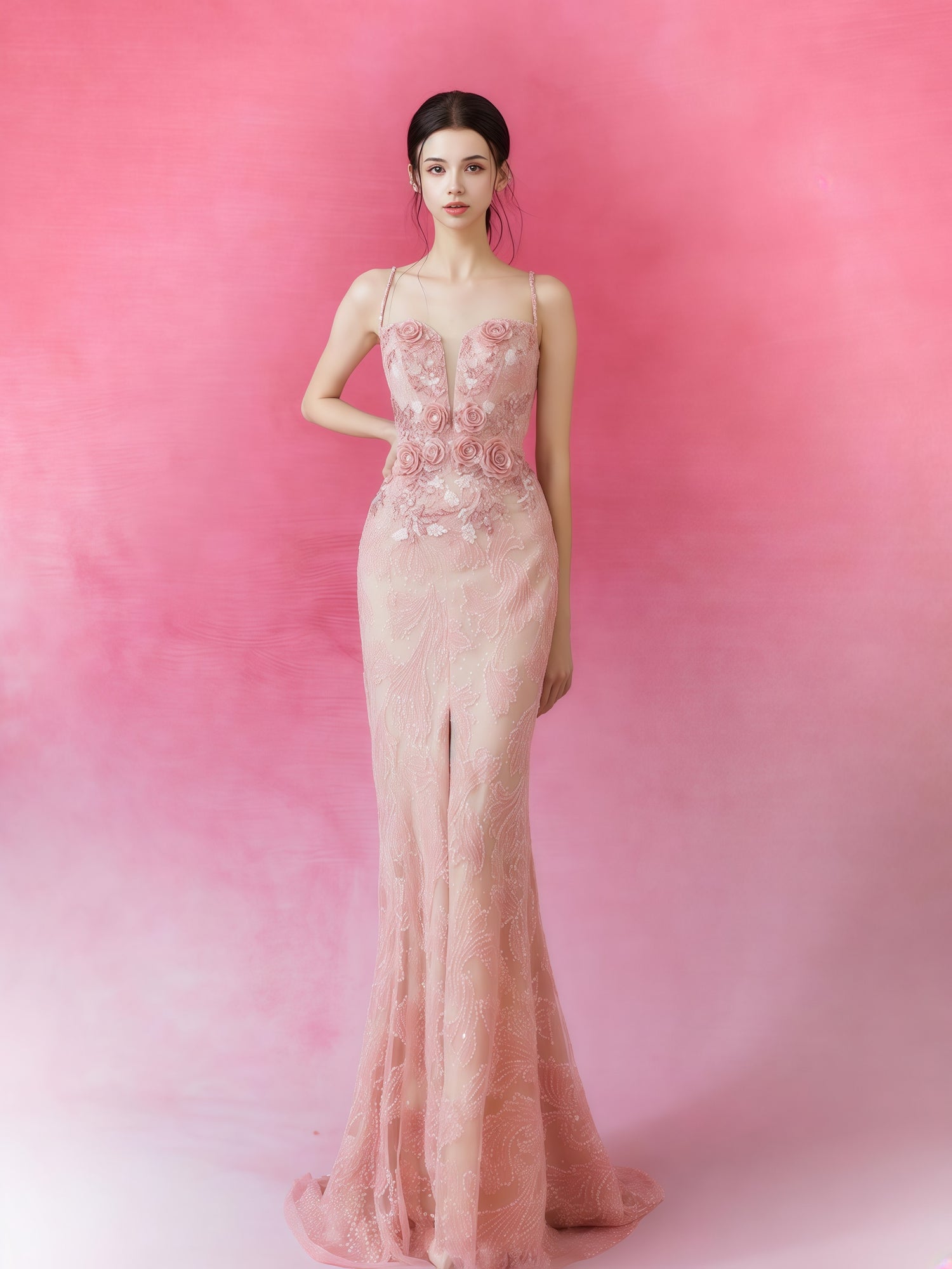 Rosé Illusion Embroidered Tulle Cape Gown