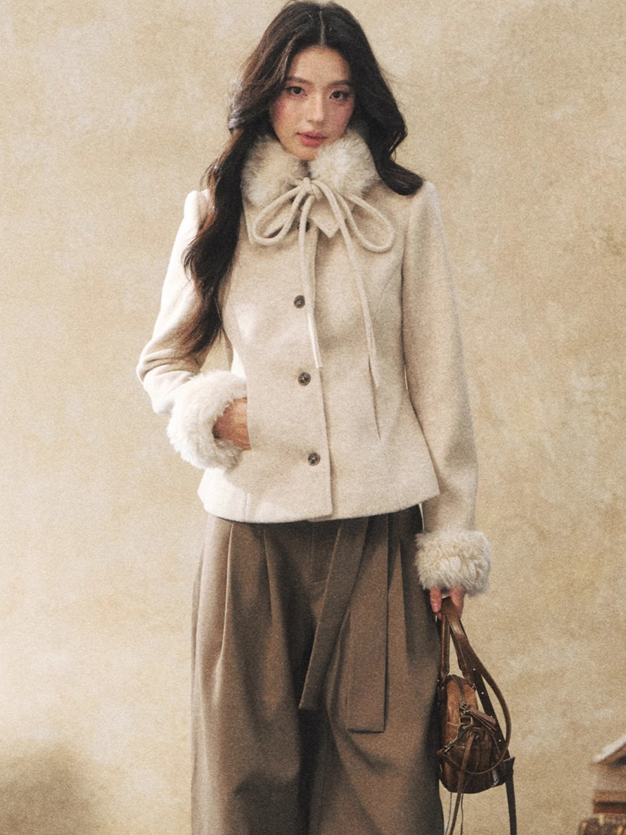 Detachable Fur-Collar Wool-Blend Jacket