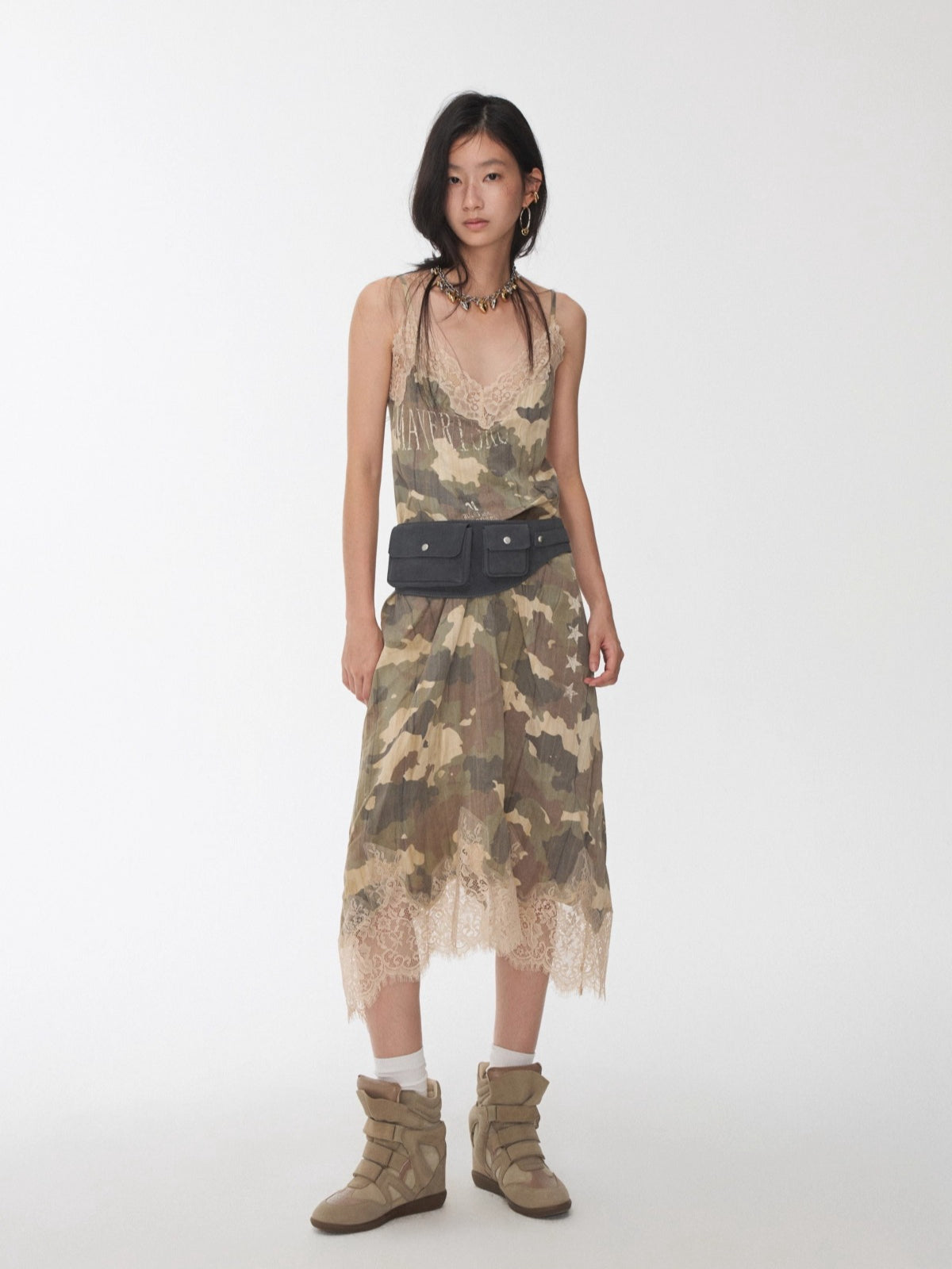 Camouflage Lace-Trim Printed Slip Dress