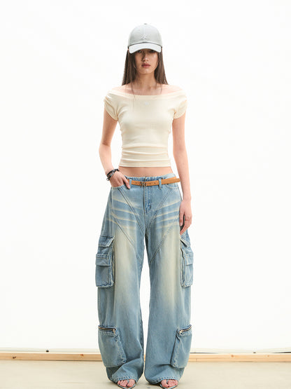 Low-Waist Relaxed Fit Washed Denim Jeans