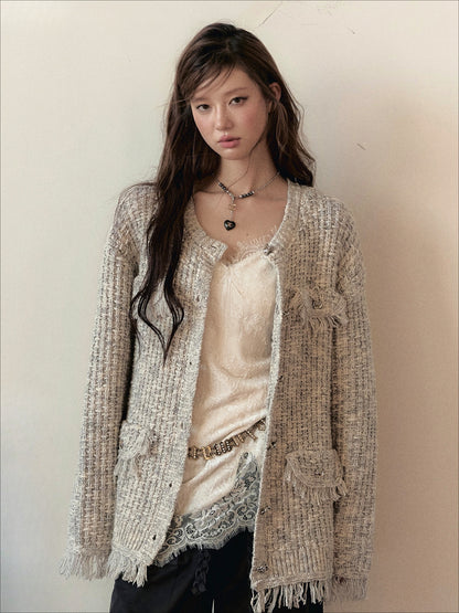 Frayed Edges Wool Mid-Length Knit Cardigan