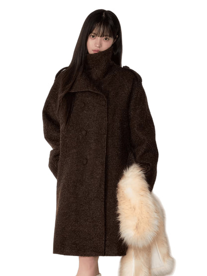 Stand-Collar Bouclé Wool Long Coat