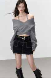 Grey & White Off-shoulder Knitted Wool Sweater - CHINASQUAD