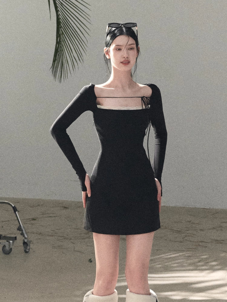 Slim-Fit Black Waist-Cinched Long-Sleeve Dress