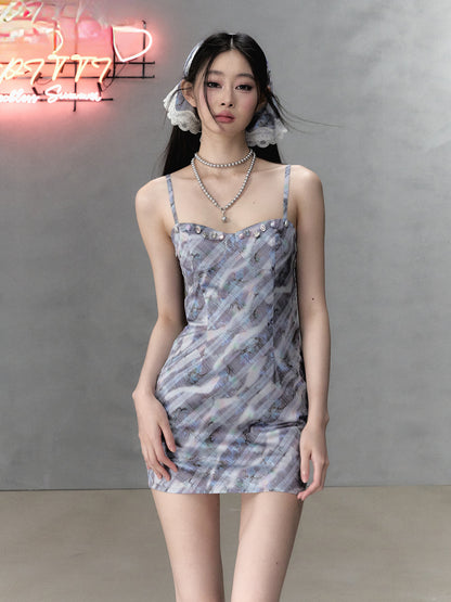 Purple Gray Blue Plaid Camisole Dress