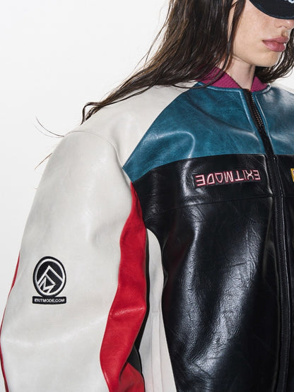 Color-Block Embroidered Moto Padded Jacket
