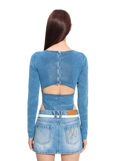 &quot;Caracal Series&quot; Washed Crinkle Denim Mesh Bodysuit