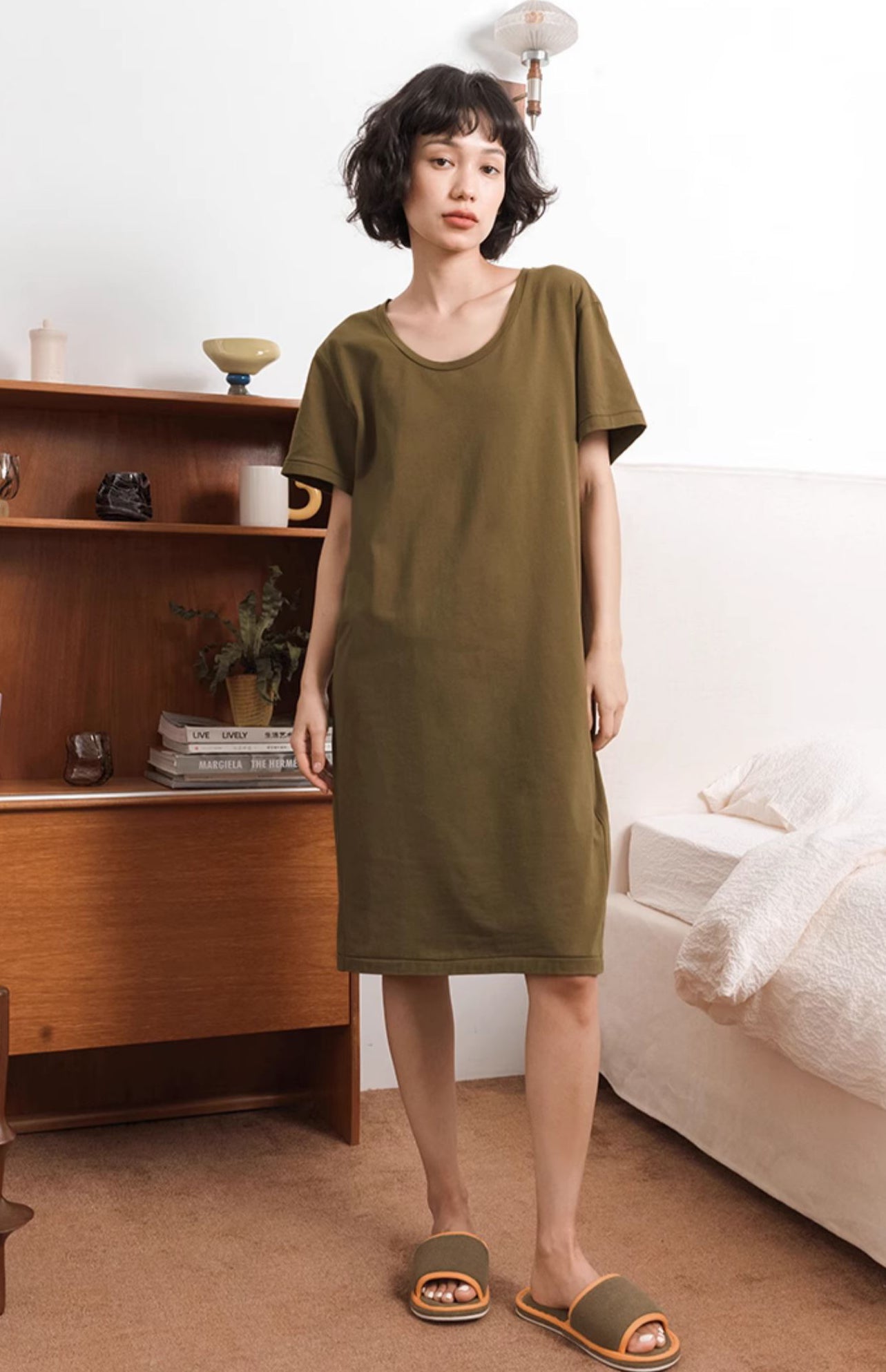 Plain-colored Cotton Round-neck Loose Sleepdress