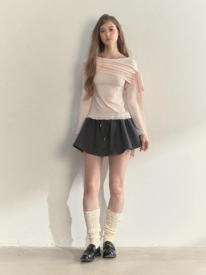 Asymmetric Off-Shoulder Bow-Tie Knit T-Shirt