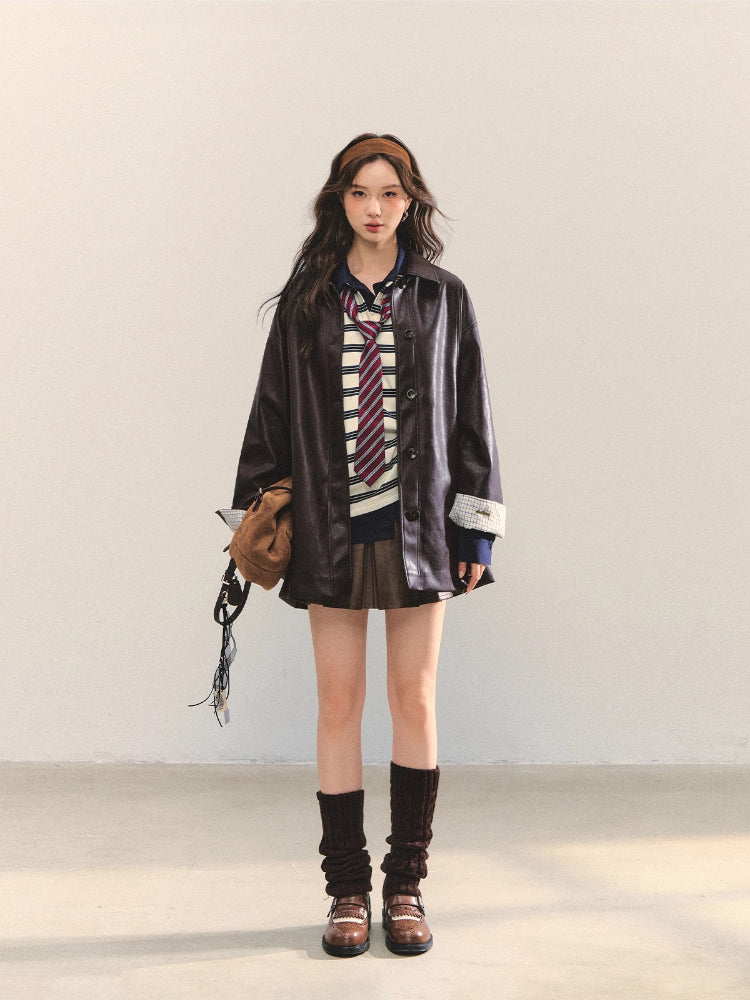Coffee A-Line Belted Pleated Leather Skirt