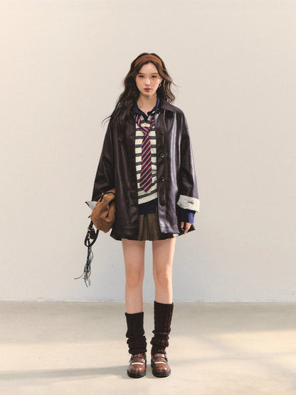 Coffee A-Line Belted Pleated Leather Skirt