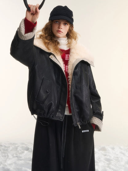 Faux-Fur Collar Down Leather Jacket