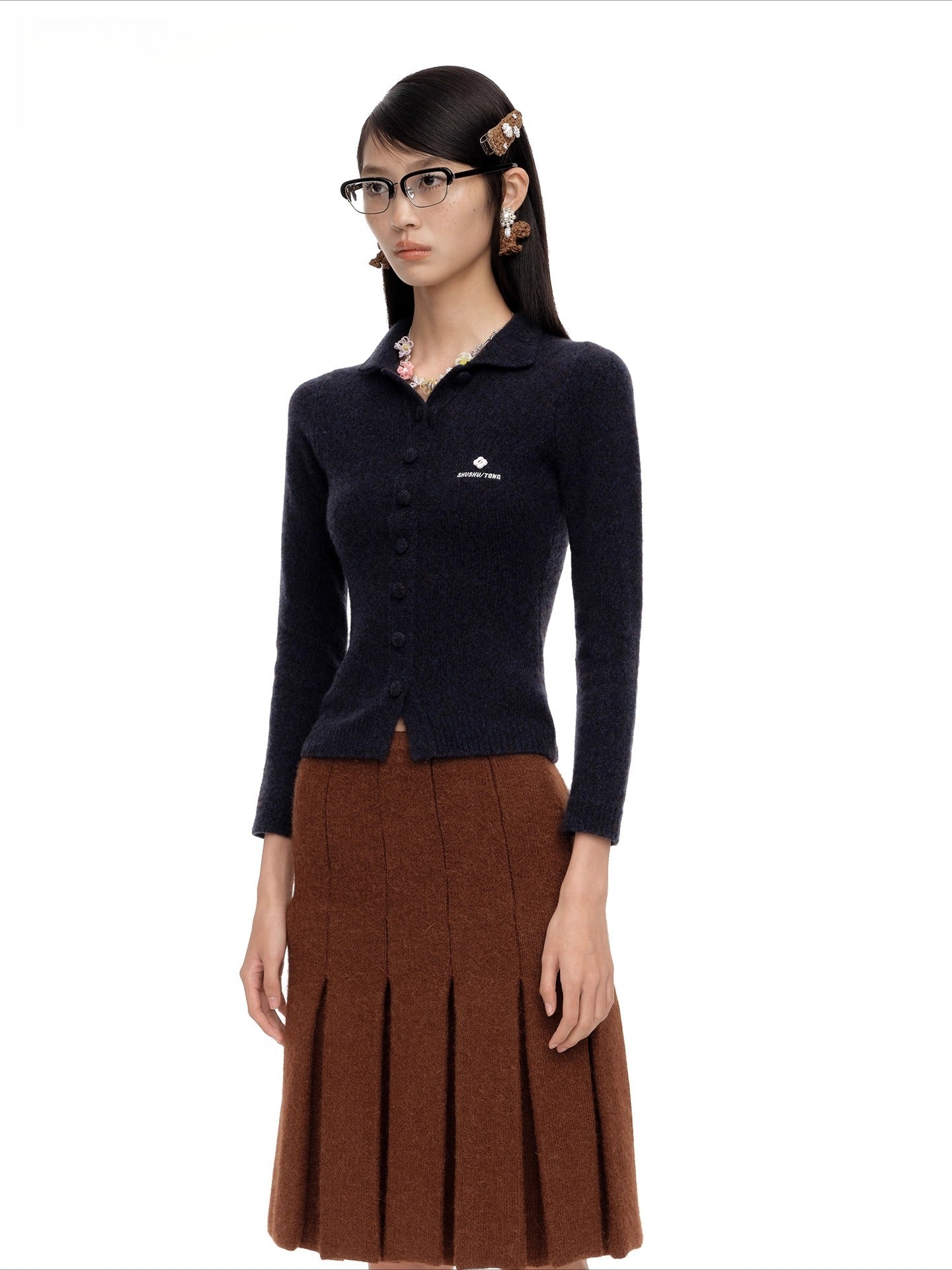Collared Wool-Blend Fitted Knit Cardigan