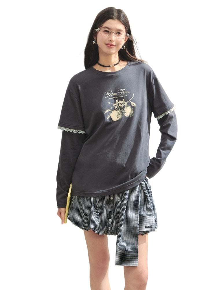 Printed Fake Two Piece Lace Panel Long Sleeve T-hirt