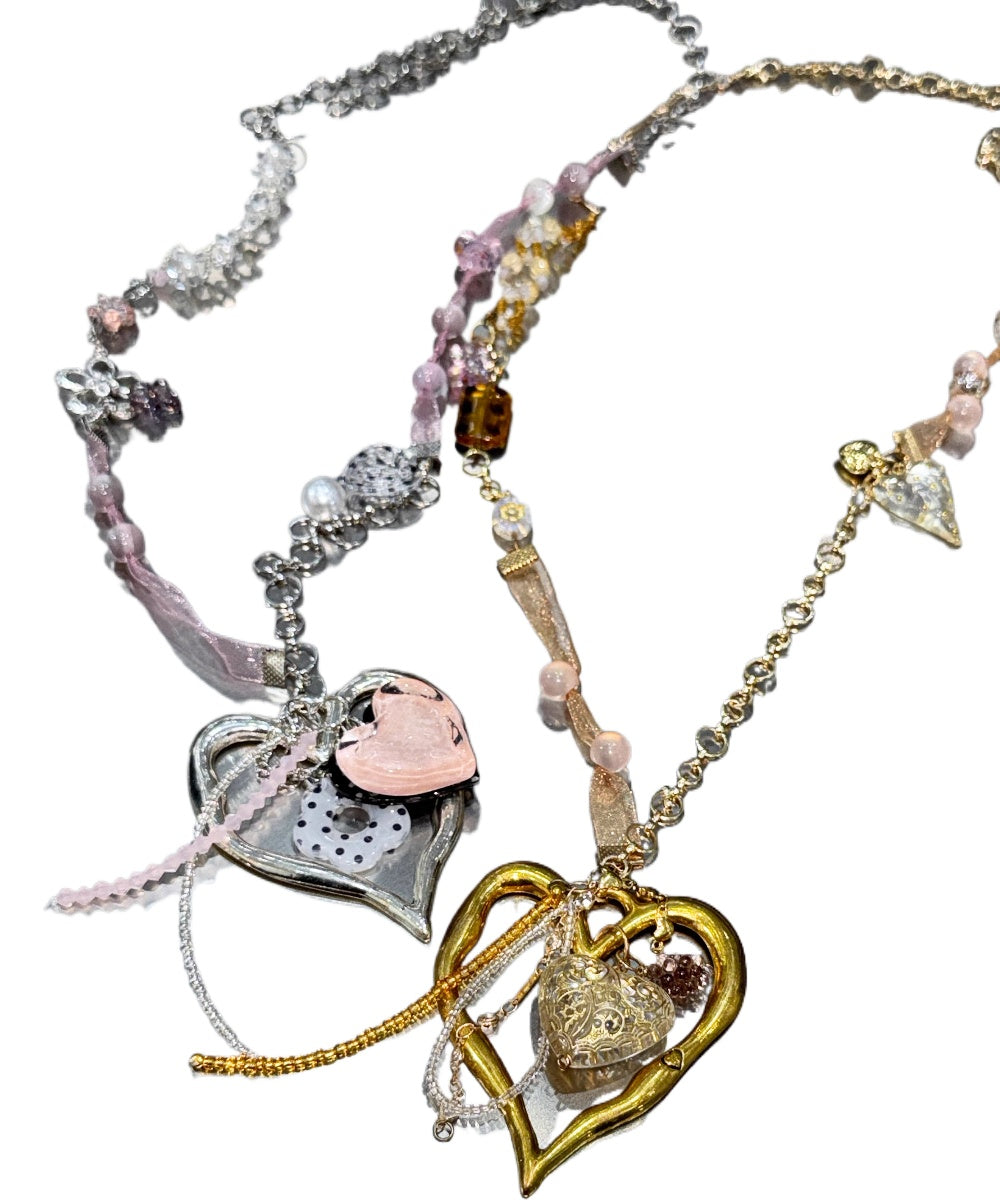 Handmade Ribbon &amp; Bead Heart Charm Necklace