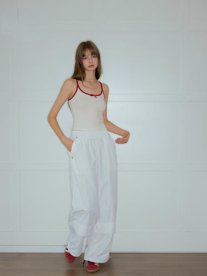 White &amp; Pinkish-purple Drawstring Wide-leg Pants