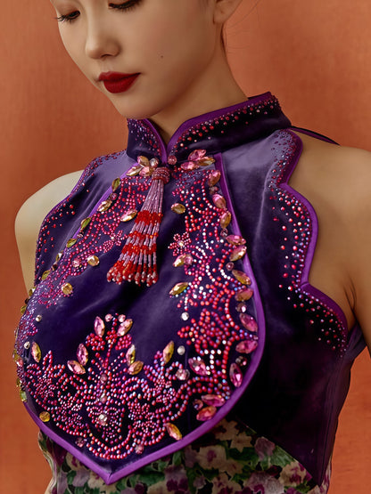 Royal Violet Embroidered Panel Floral Cheongsam with Feather Trim Shawl
