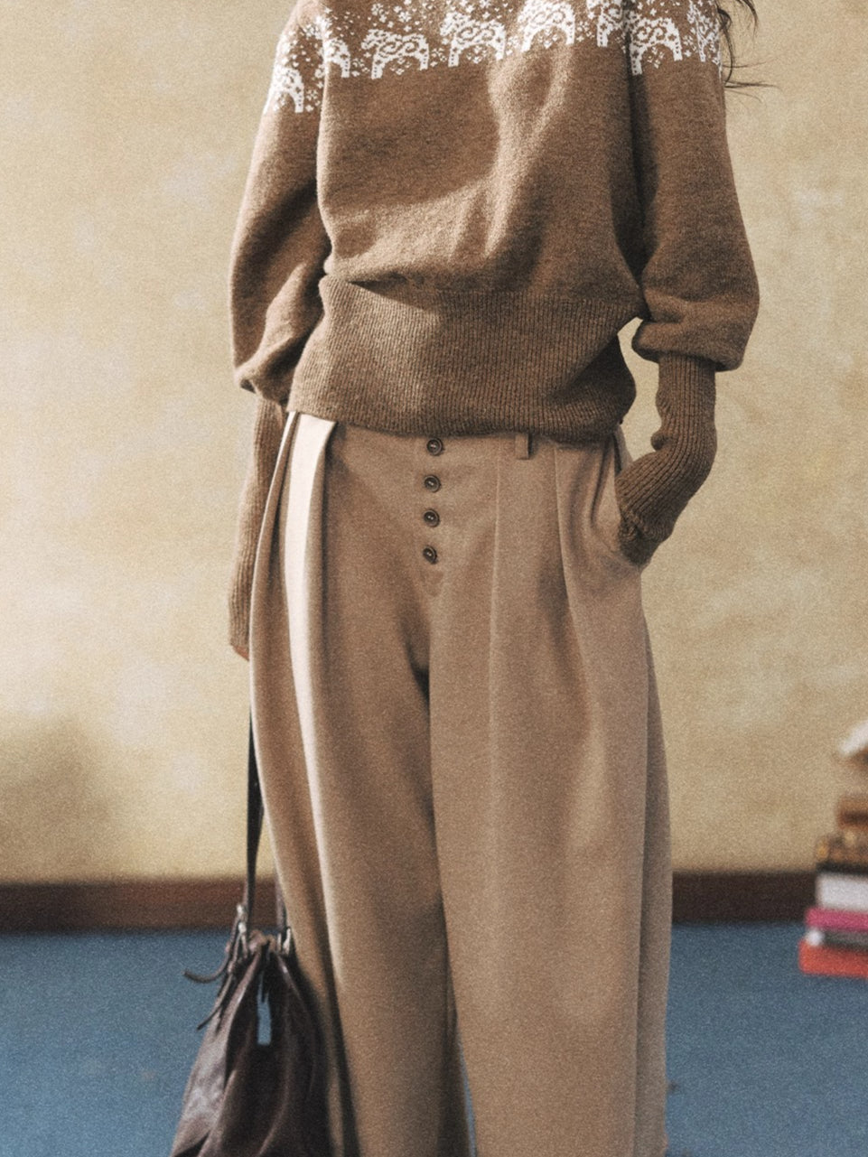 Khaki Relaxed Straight-Leg Wide Trousers