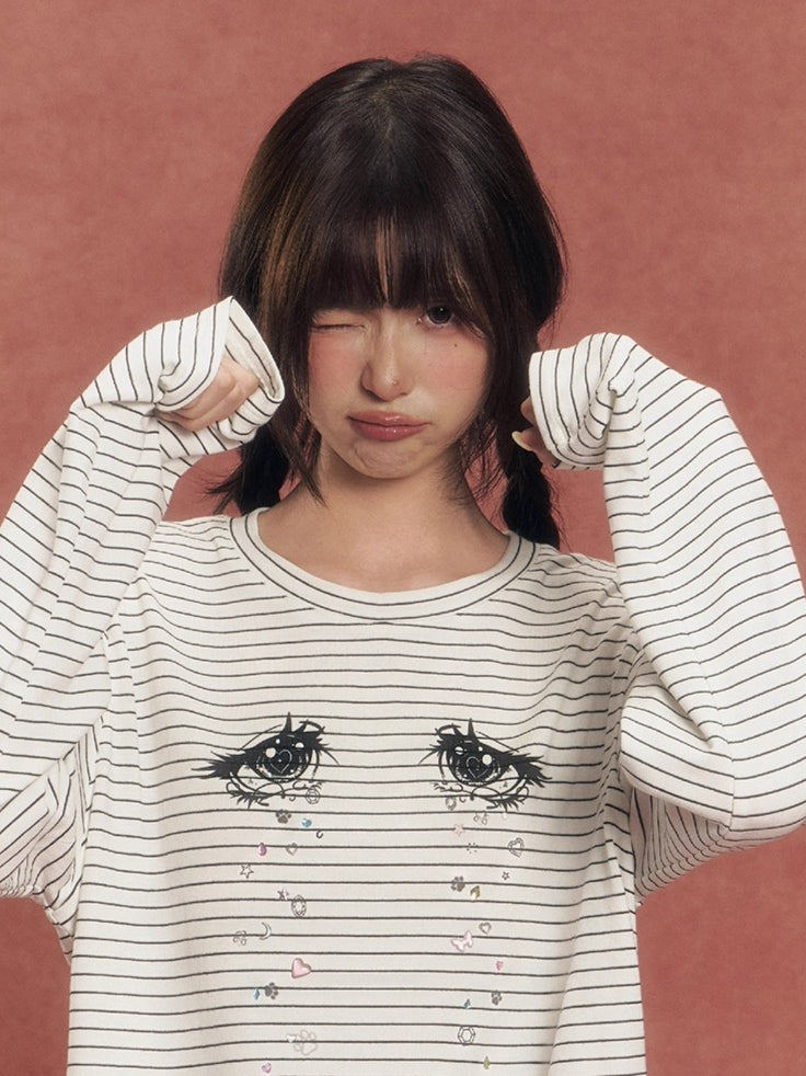 Crystal Eye Print Striped Long-Sleeve T-Shirt