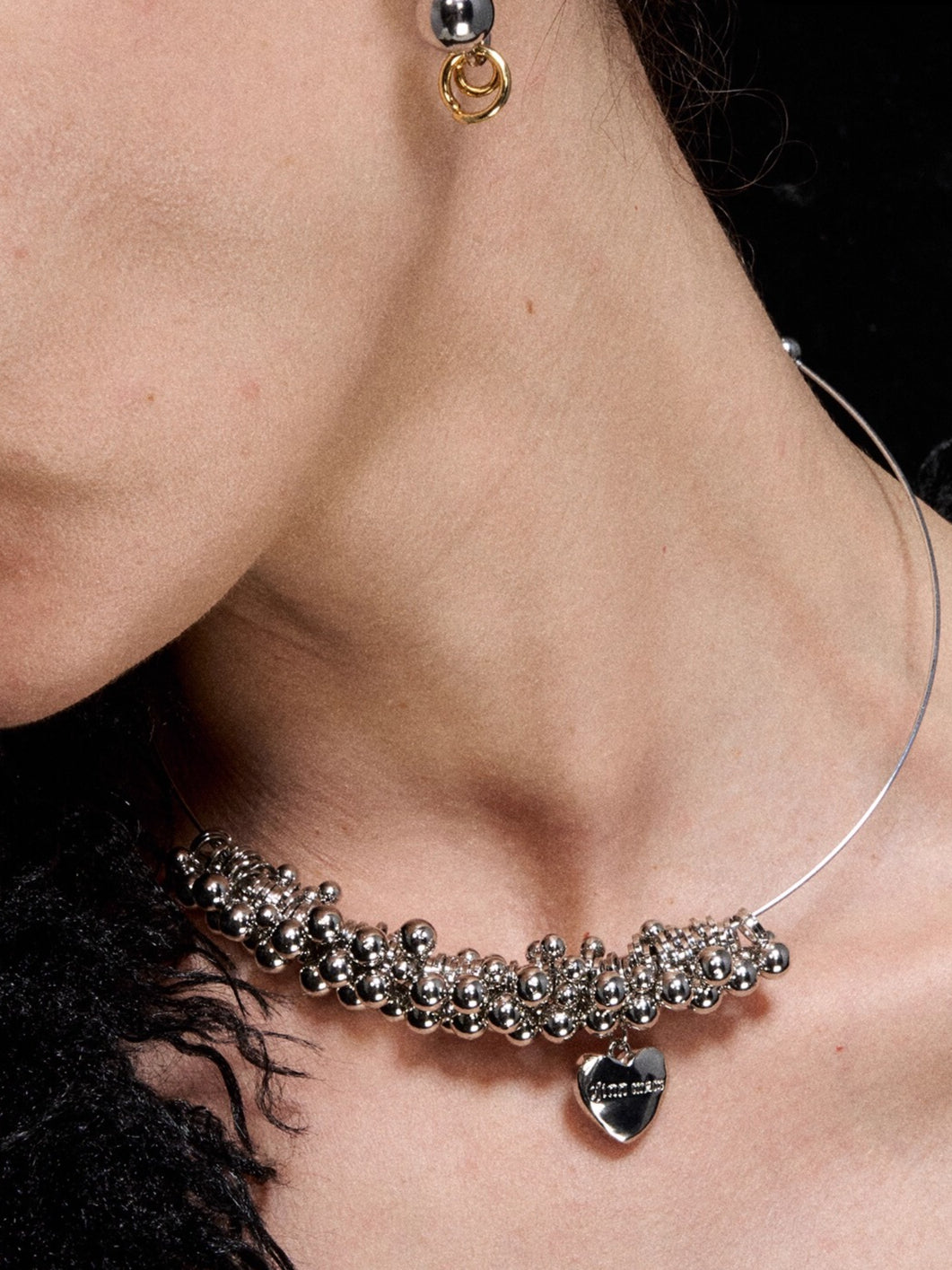 Silver-Tone Heart Charm Beaded Choker